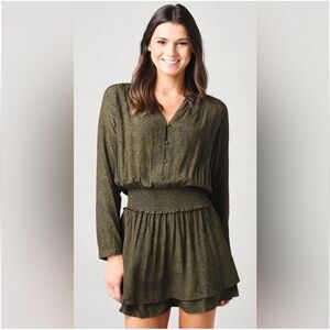 Rails Jasmine Smocked Waist V Neck Long‎ Sleeve Mini Dress Tunic Olive Green M